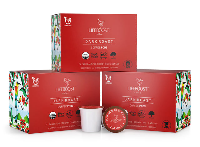 3x Dark Roast Coffee Pods - Lifeboost Coffee